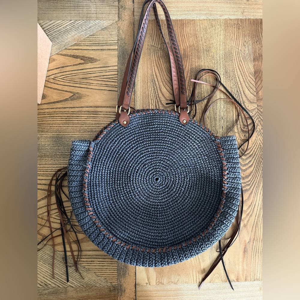 Woven Round Navy Tote Bag with Brown Trim - Picture 2 of 4